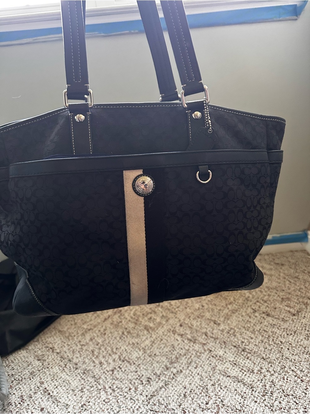 Coach Black Tote with Taupe Center Stripe and Silver Hardware